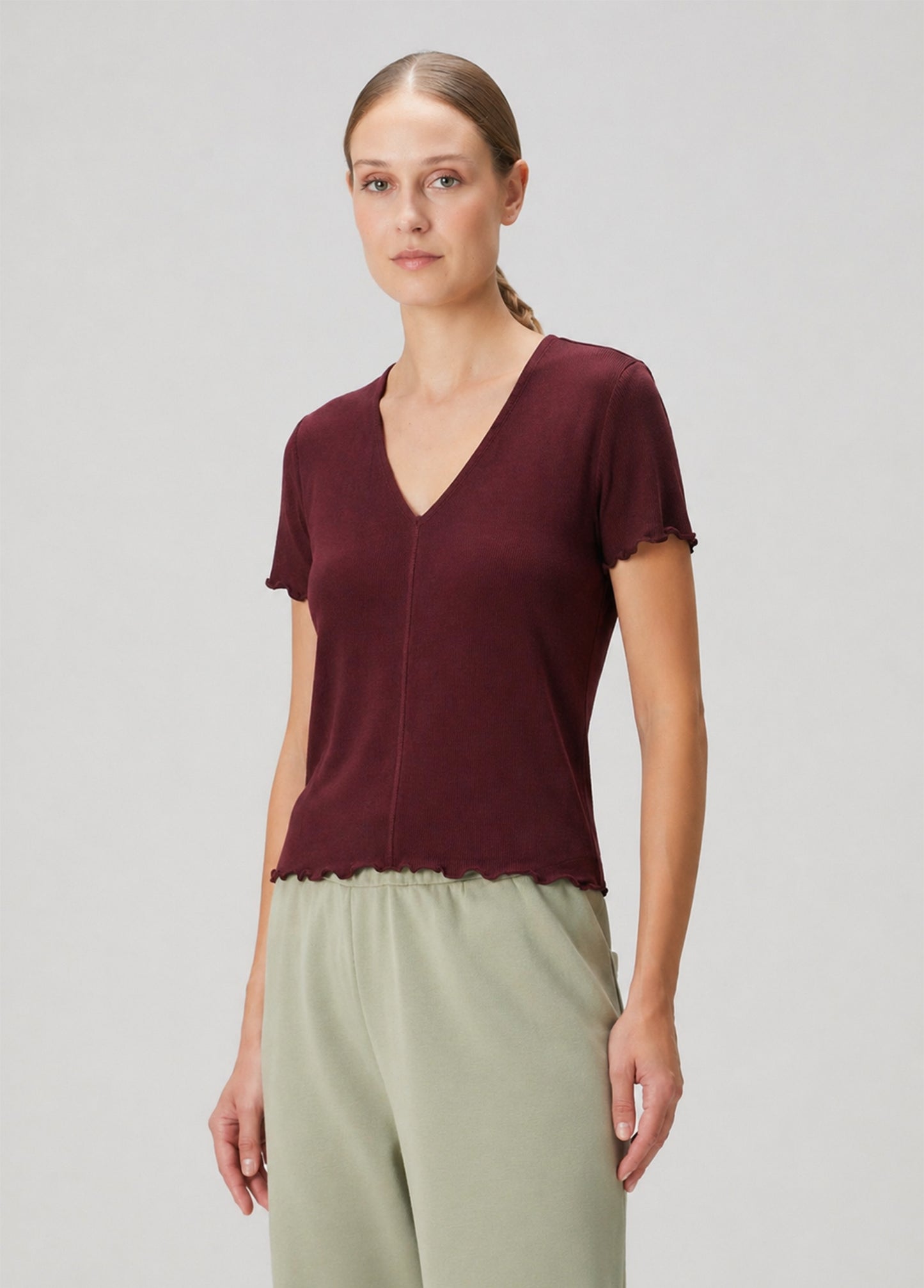 V Yaka Pamuklu Ribana T-Shirt - Bordo