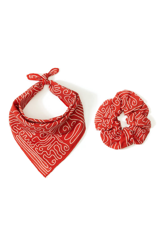Kırmızı Abstract Print Bandana & Toka Set