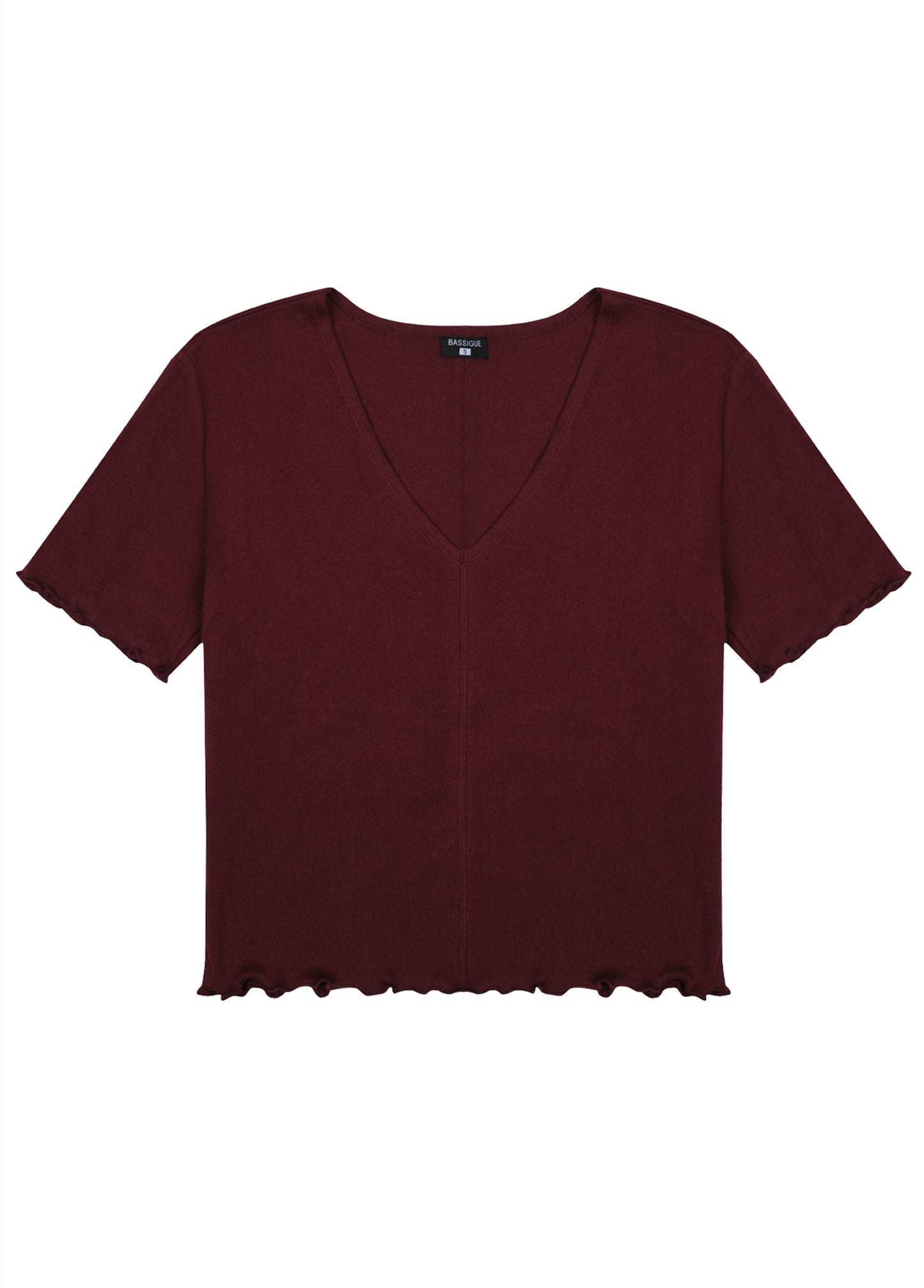 V-Neck Ribbed Cotton T-Shirt-Tawny Port