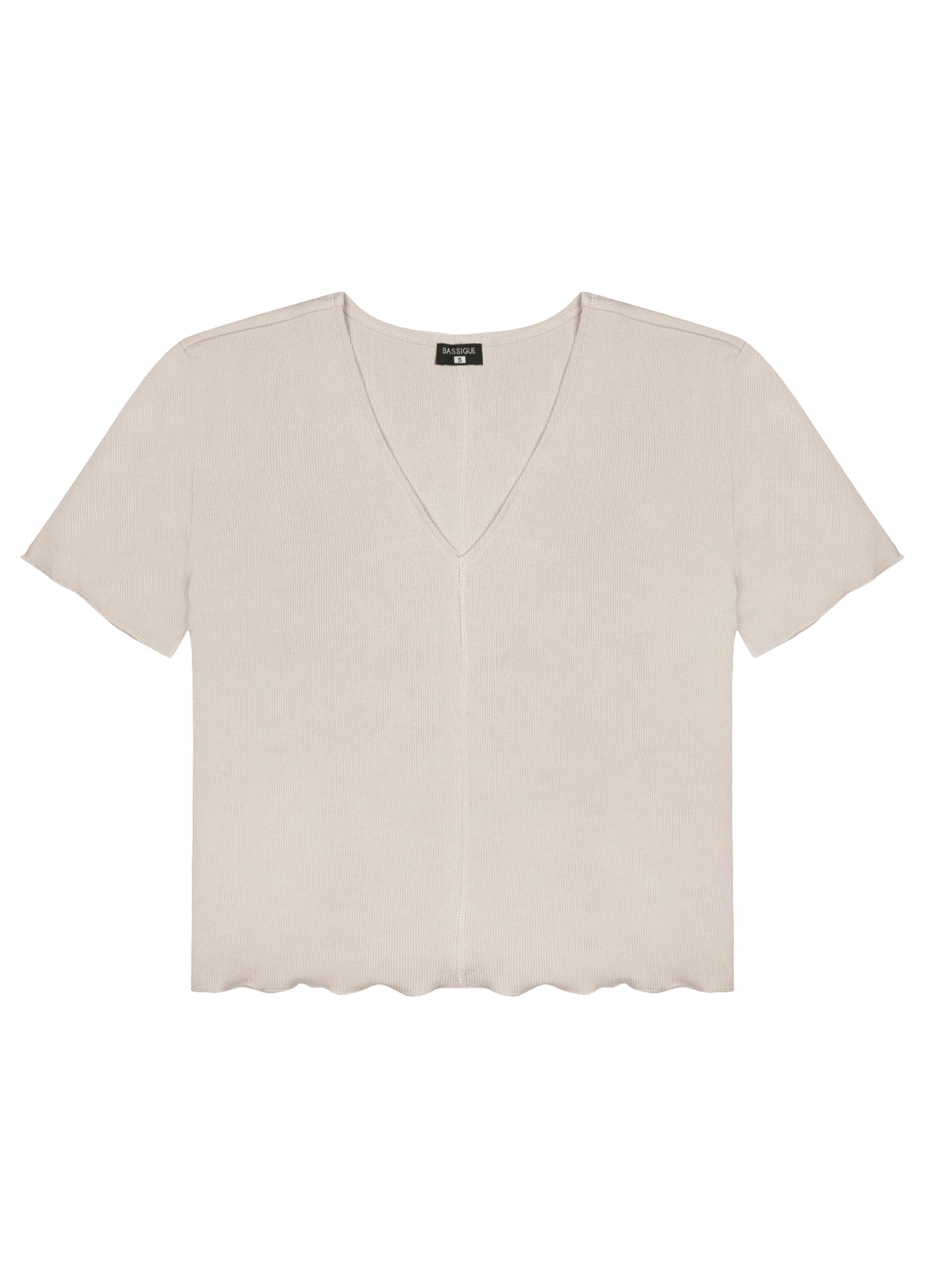 V-Neck Ribbed Cotton T-Shirt-Beige