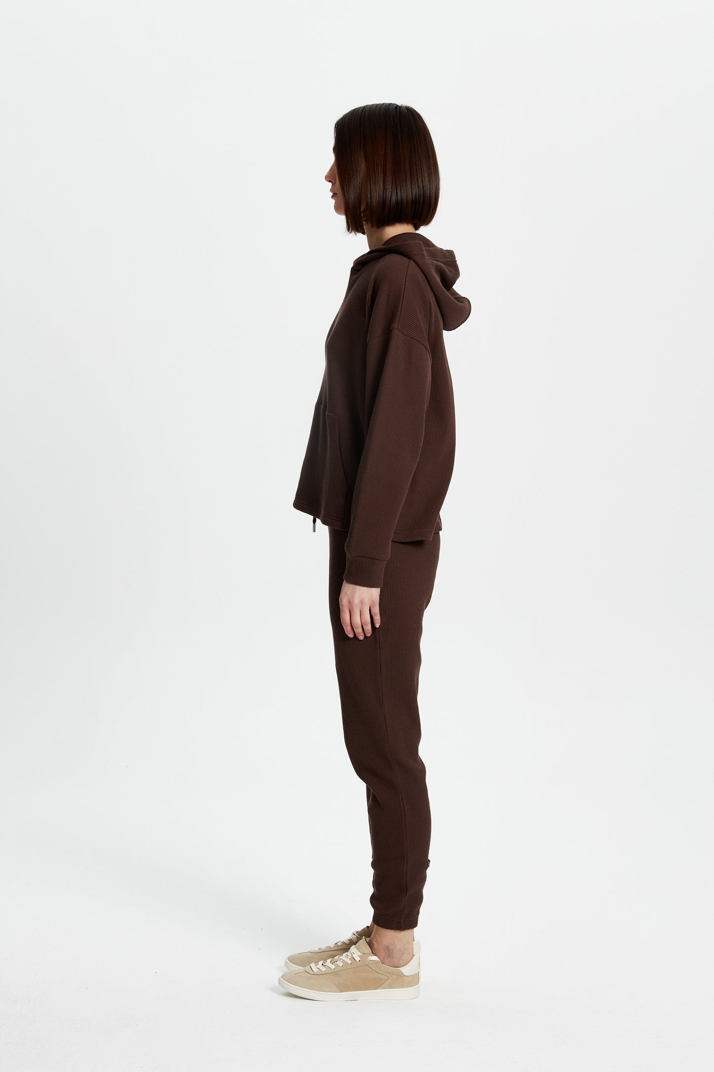 Kahverengi Waffle Bol Kesim Hoodie