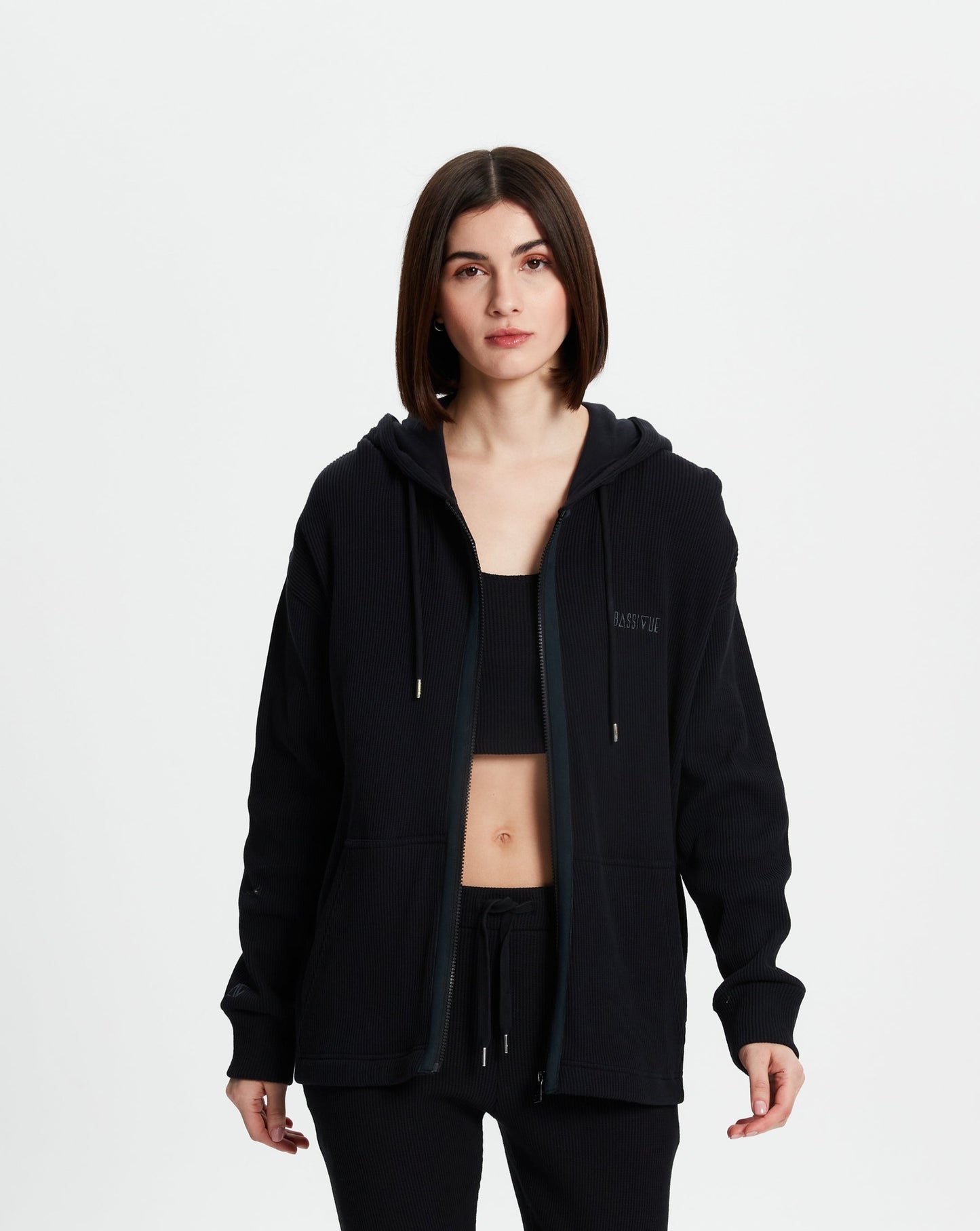 Waffle Zipper Sweatshirt-Black