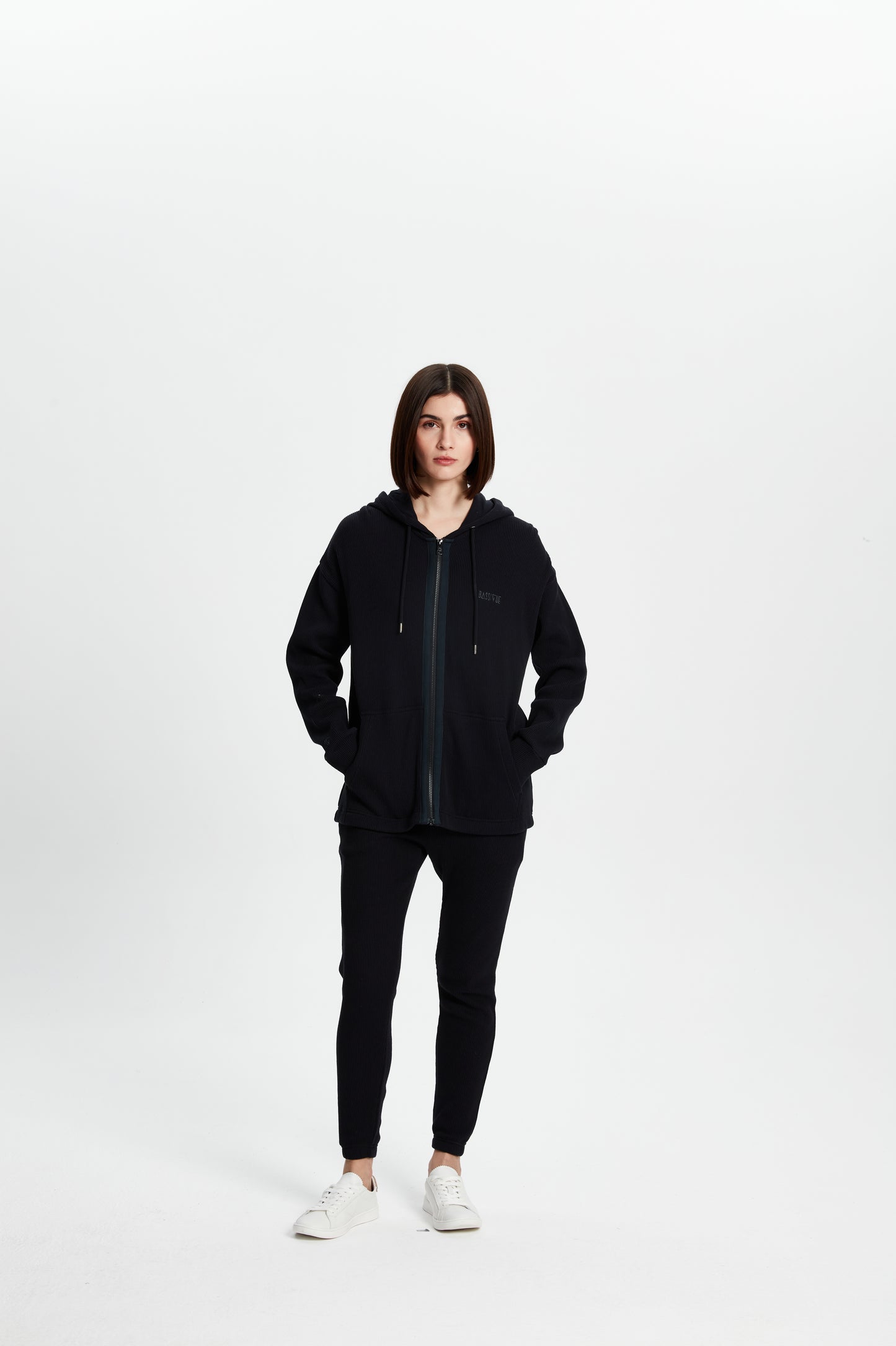 Waffle Zipper Sweatshirt-Black
