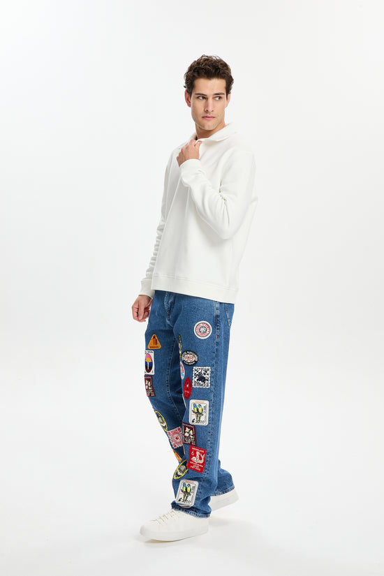 Kırık Beyaz Logo Etiketli Polo Sweatshirt