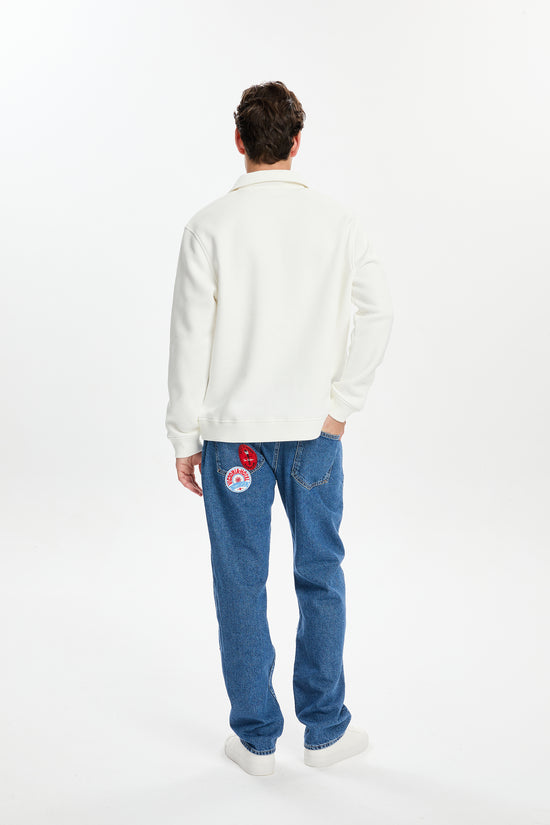 Kırık Beyaz Logo Etiketli Polo Sweatshirt