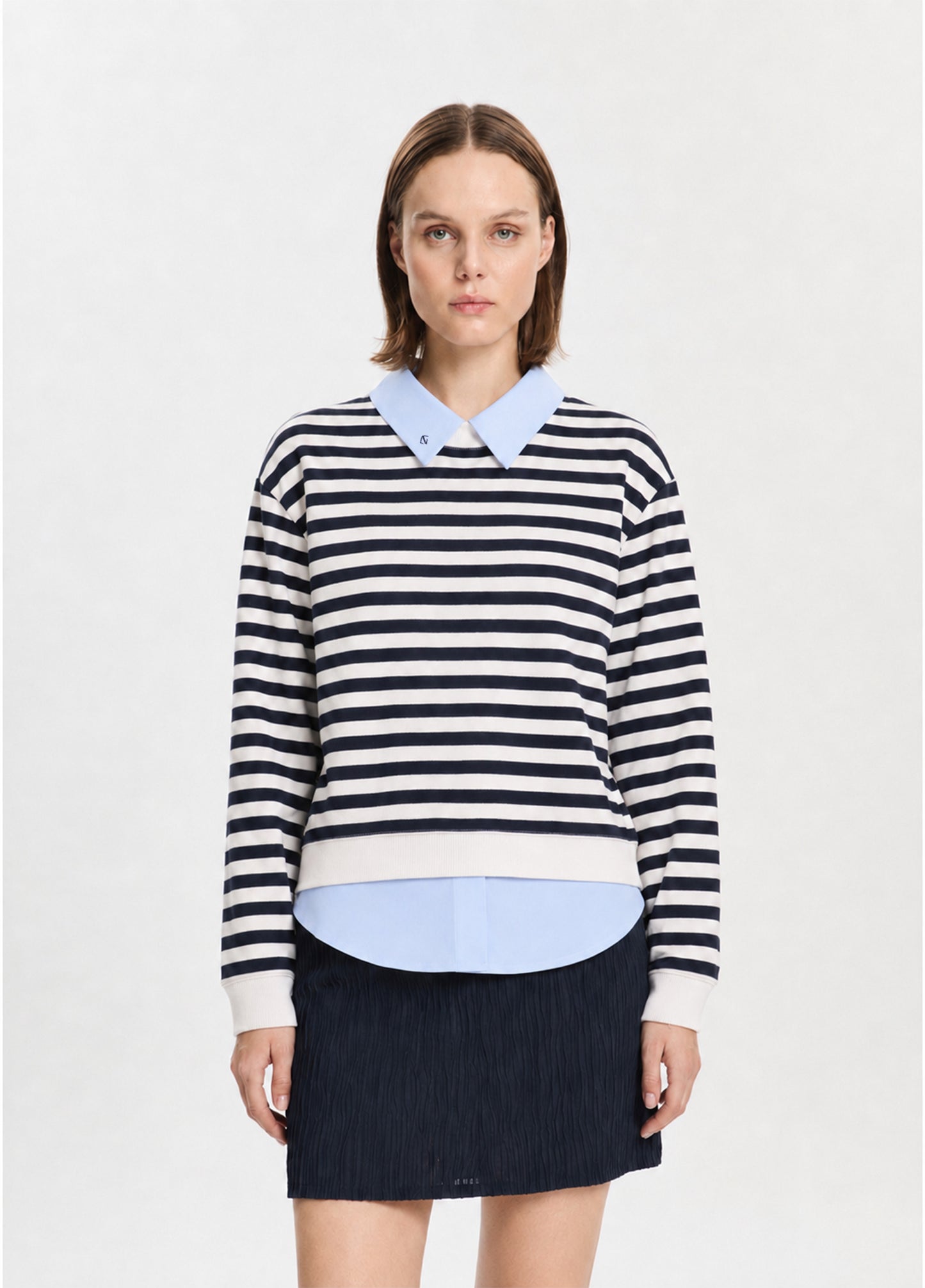 Navy Striped Shirt-Layered Sweatshirt