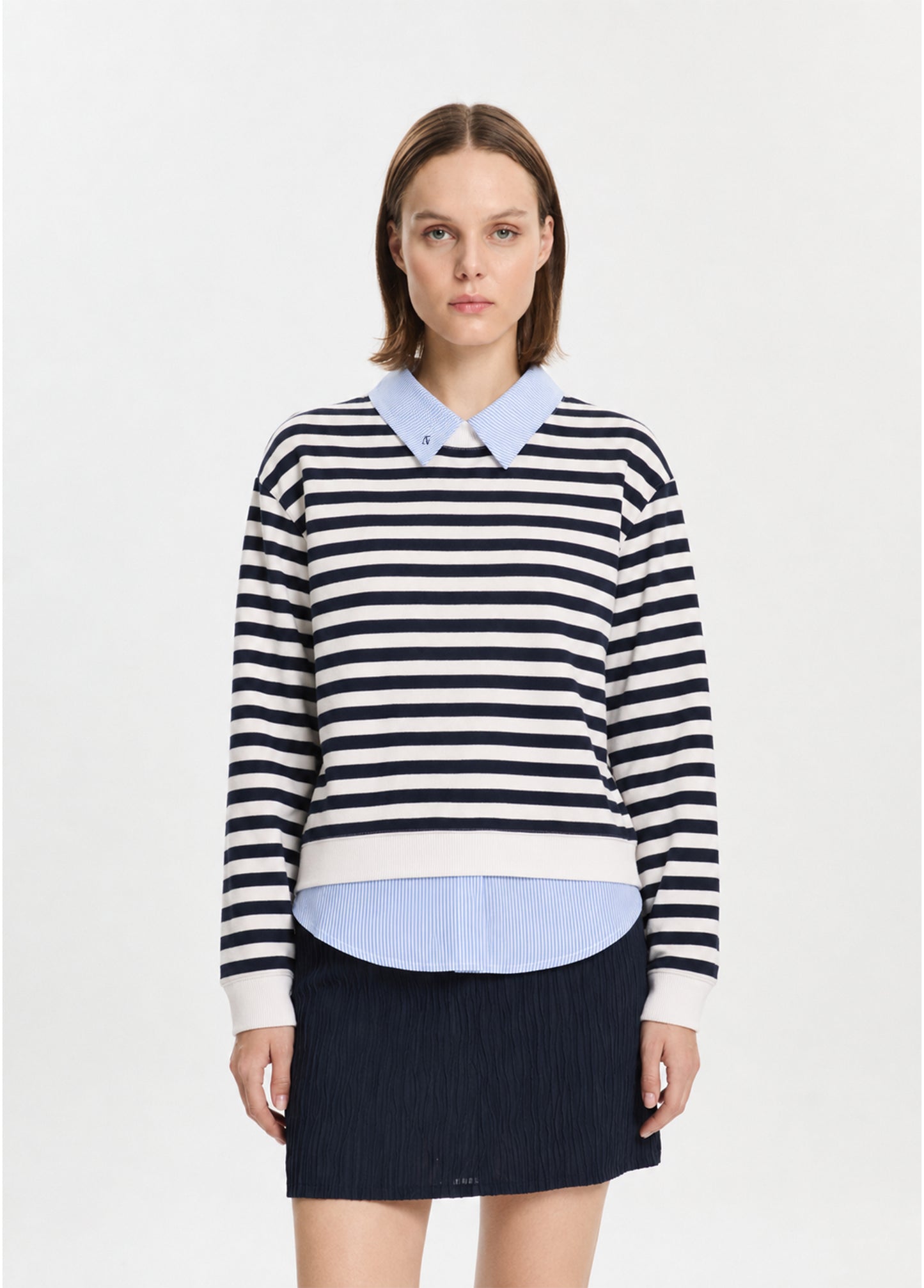 Lacivert Çizgili Gömlek Katmanlı Sweatshirt