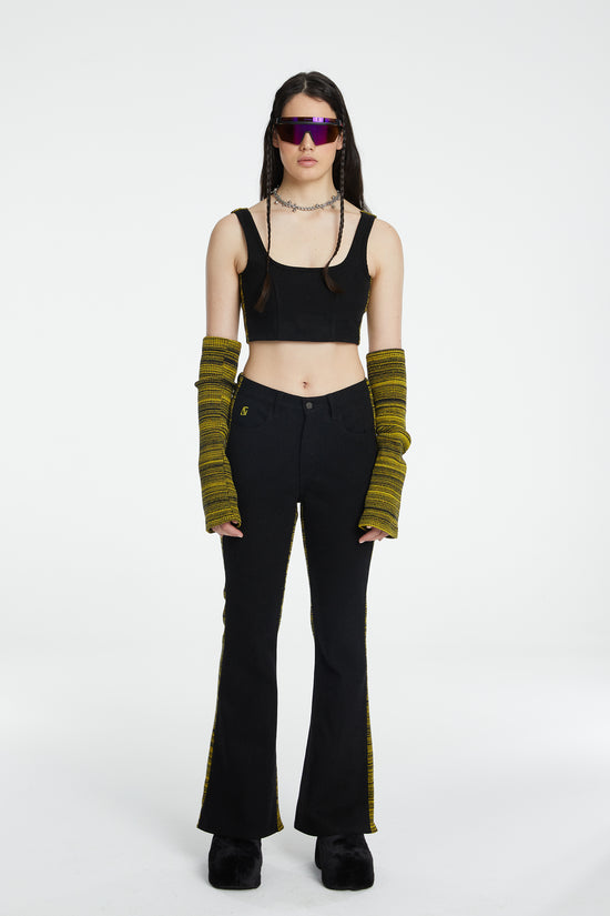 Denim Knit Flare Pantolon - Siyah/Sarı