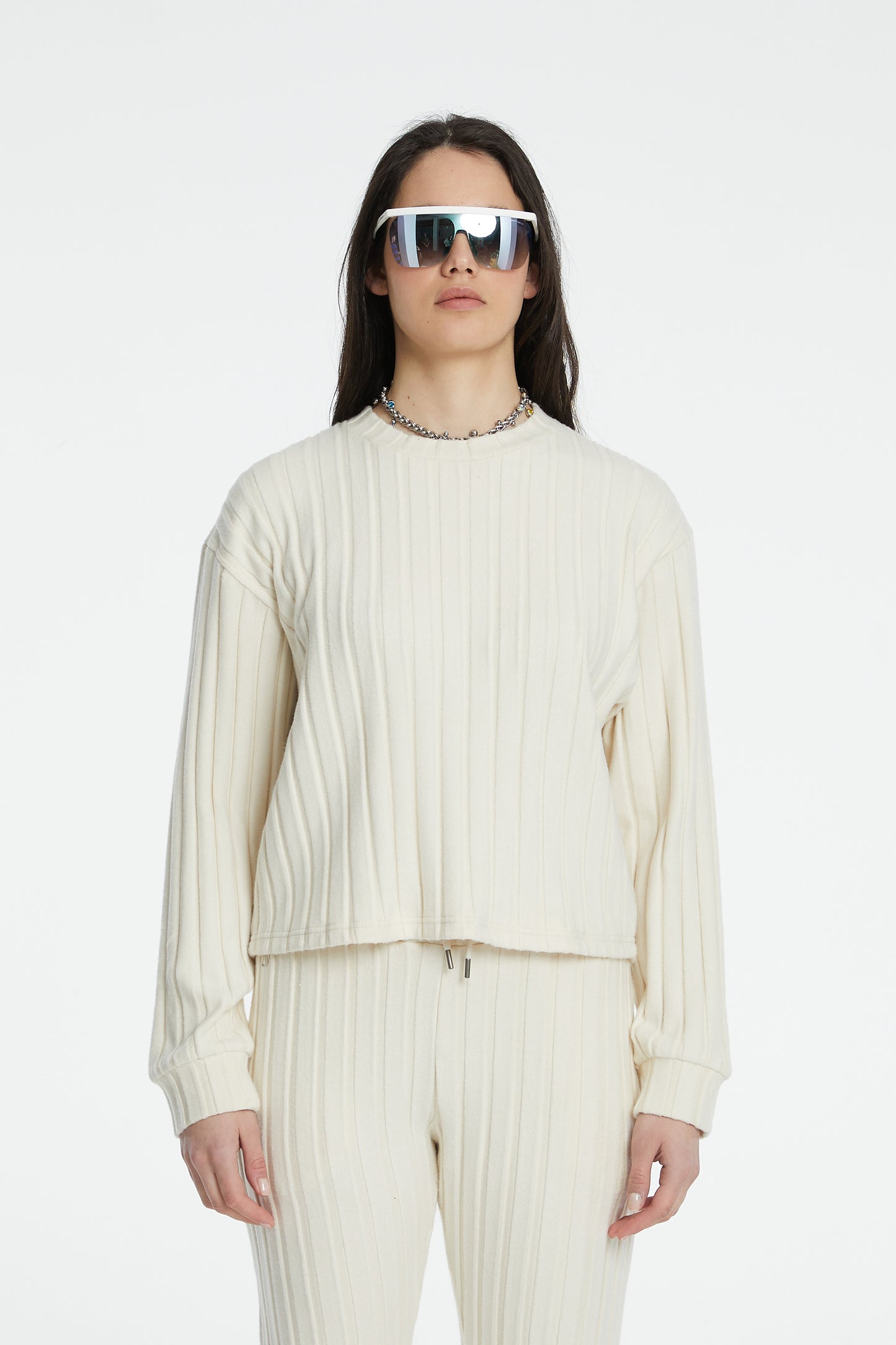 Şeritli Bisiklet Yaka Sweatshirt - Krem