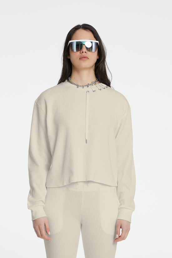 Waffle Bisiklet Yaka Sweatshirt - Bej