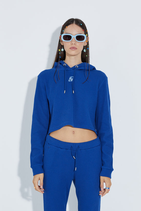 Waffle Kapüşonlu Sweatshirt - Mavi