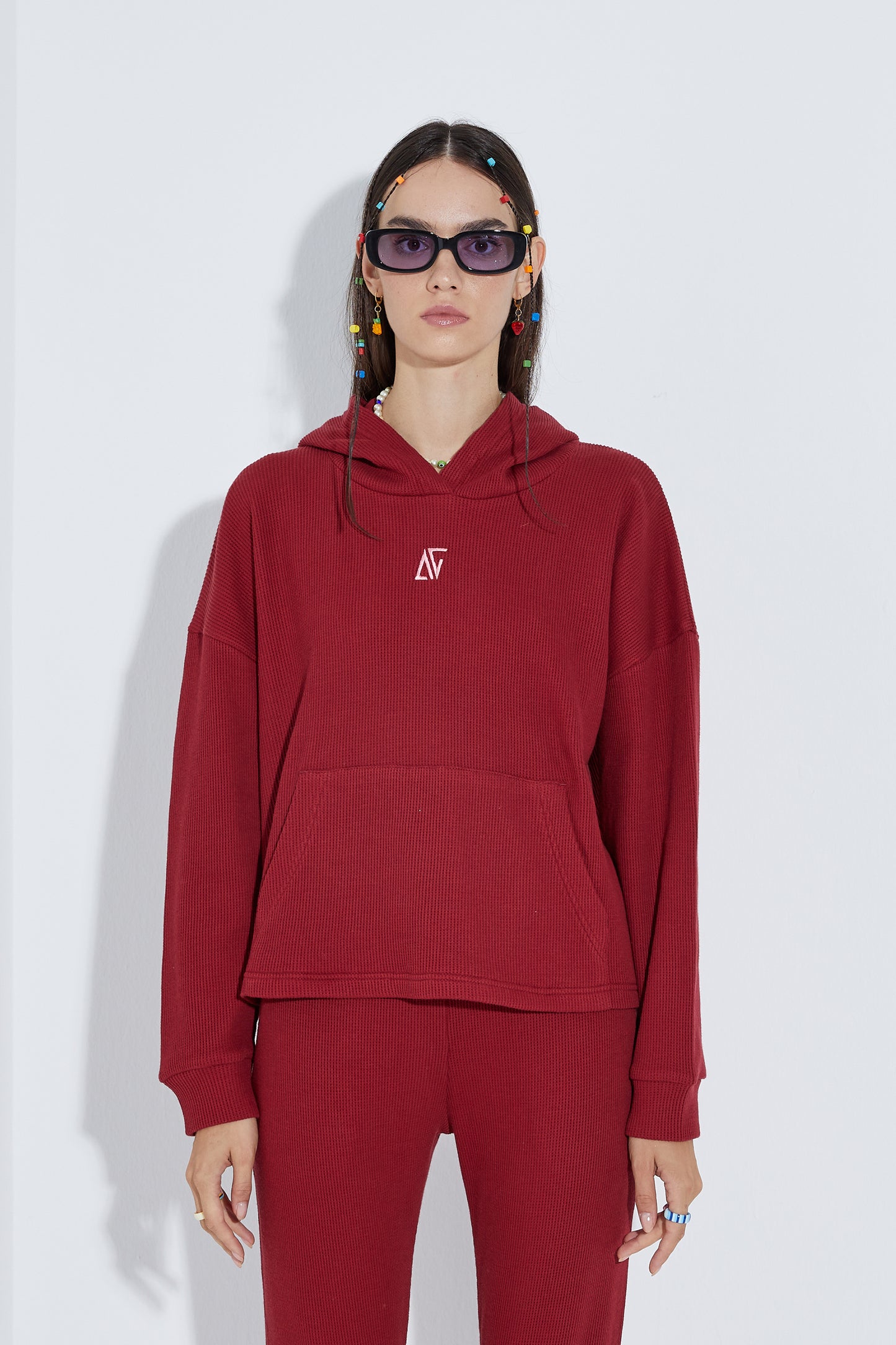 Waffle Oversize Sweatshirt - Kırmızı