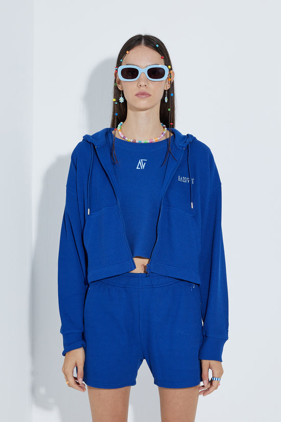 Waffle Fermuarlı Sweatshirt - Mavi