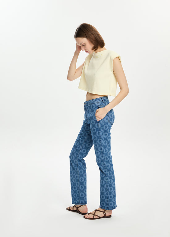 Lazer Baskılı Düz  Kesim Denim Pantolon