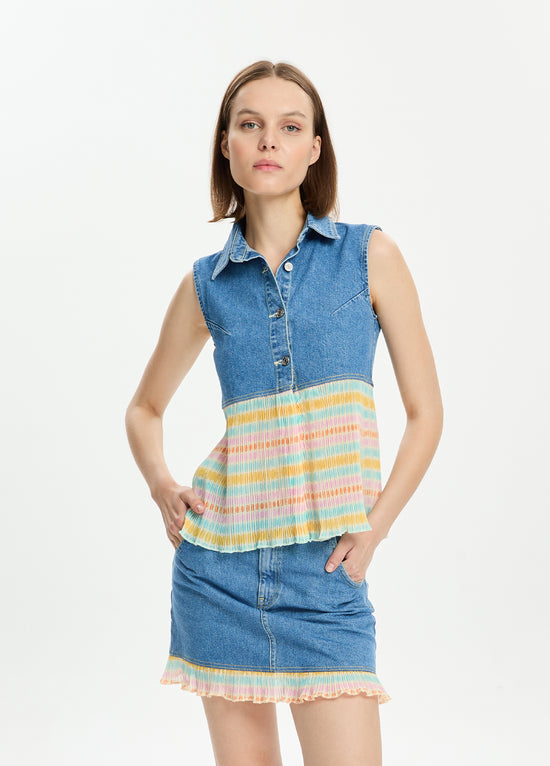 Desenli Pliseli Denim  Yelek
