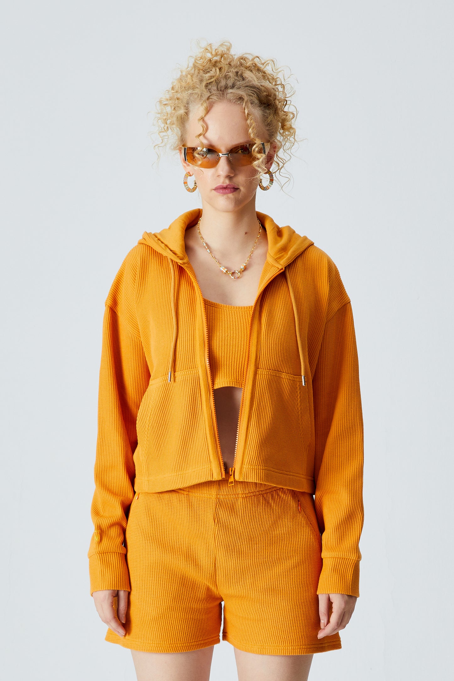 Waffle Fermuarlı Sweatshirt - Turuncu