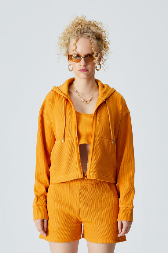 Waffle Fermuarlı Sweatshirt - Turuncu
