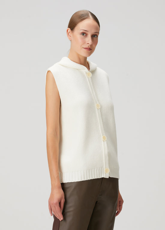 Ekru Kapüşonlu Triko Yelek