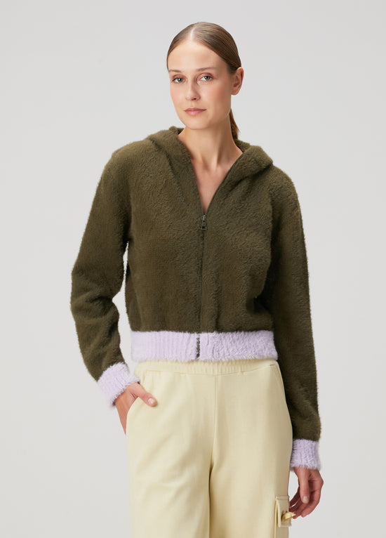 Hooded Front Zip Fuzzy Sweater