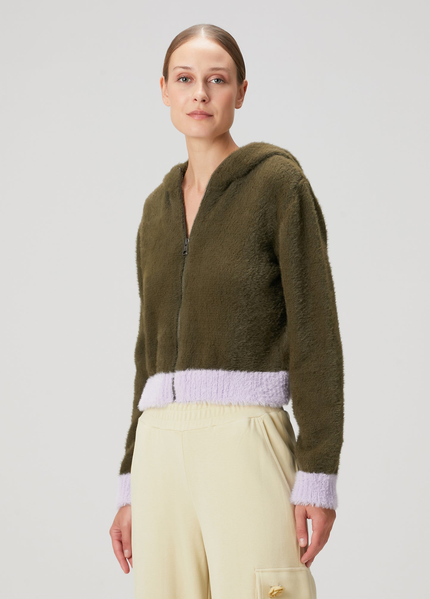 Hooded Front Zip Fuzzy Sweater