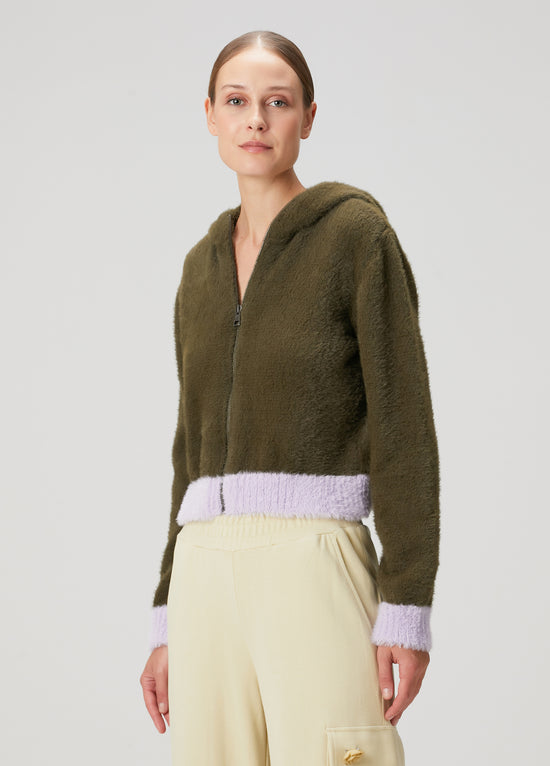 Hooded Front Zip Fuzzy Sweater