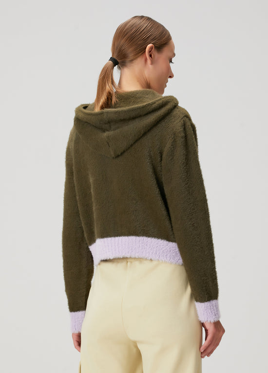 Hooded Front Zip Fuzzy Sweater