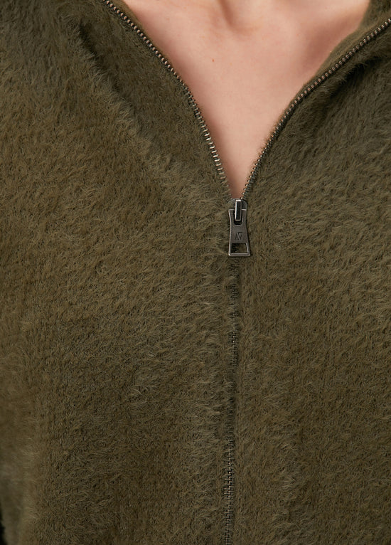 Hooded Front Zip Fuzzy Sweater