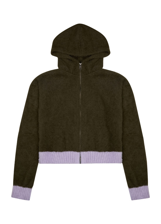 Hooded Front Zip Fuzzy Sweater