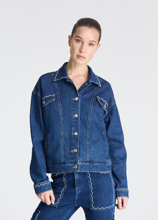 Zigzag Nakışlı Denim Ceket