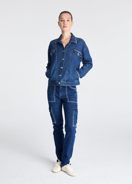 Zigzag Nakışlı Denim Ceket