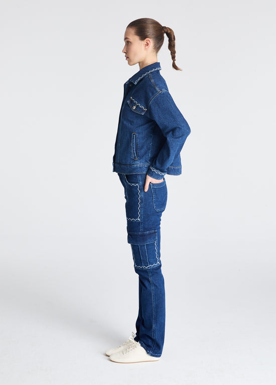 Zigzag Nakışlı Denim Ceket
