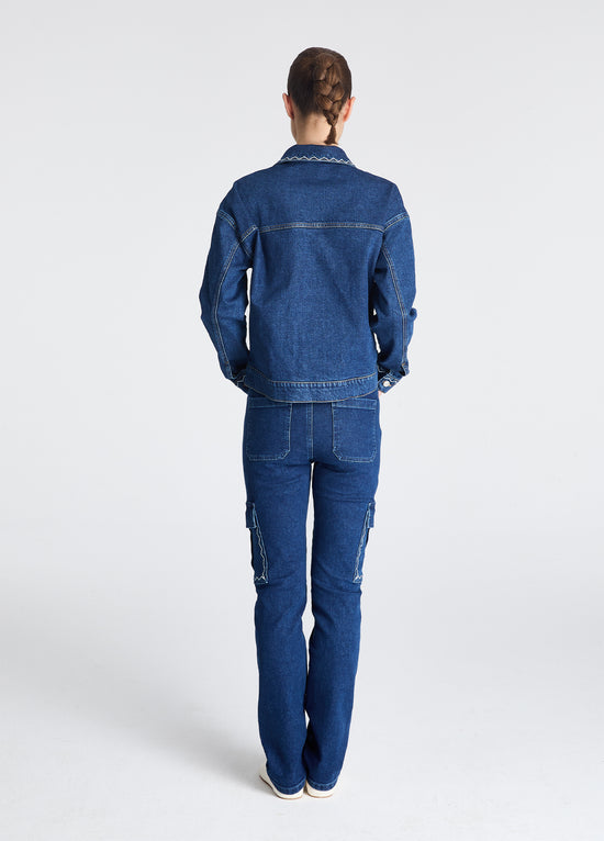 Zigzag Nakışlı Denim Ceket