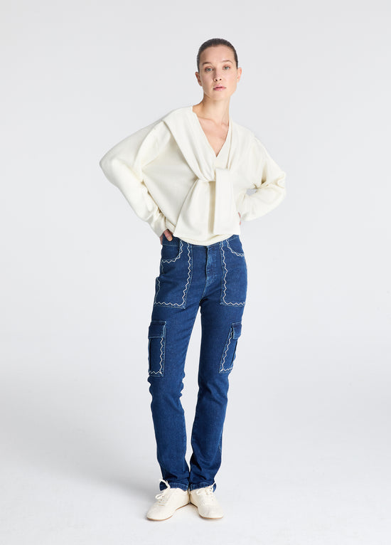 Zikzak Nakışlı Kargo Denim Jean