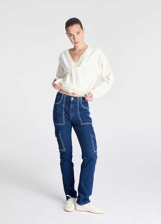 Zikzak Nakışlı Kargo Denim Jean