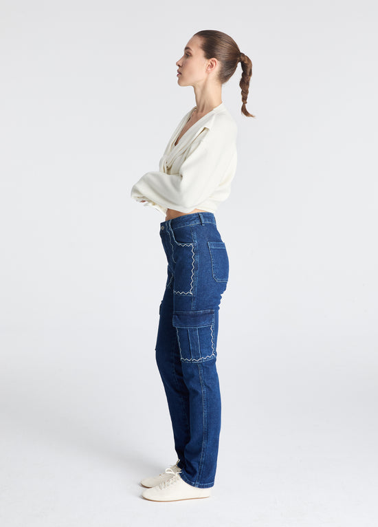 Zikzak Nakışlı Kargo Denim Jean