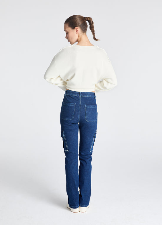 Zikzak Nakışlı Kargo Denim Jean