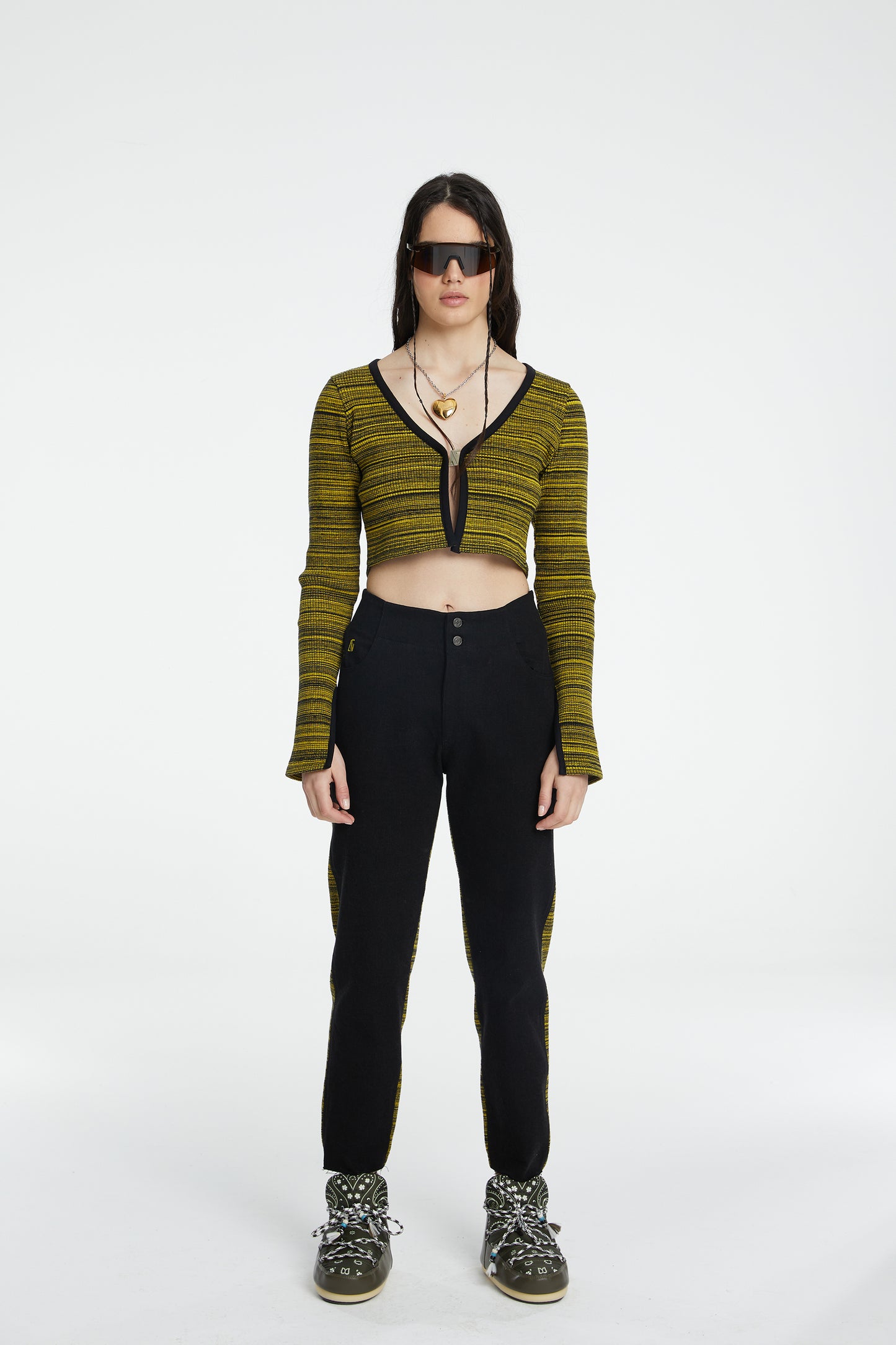 Knit Açık Crop Top - Sarı/Siyah