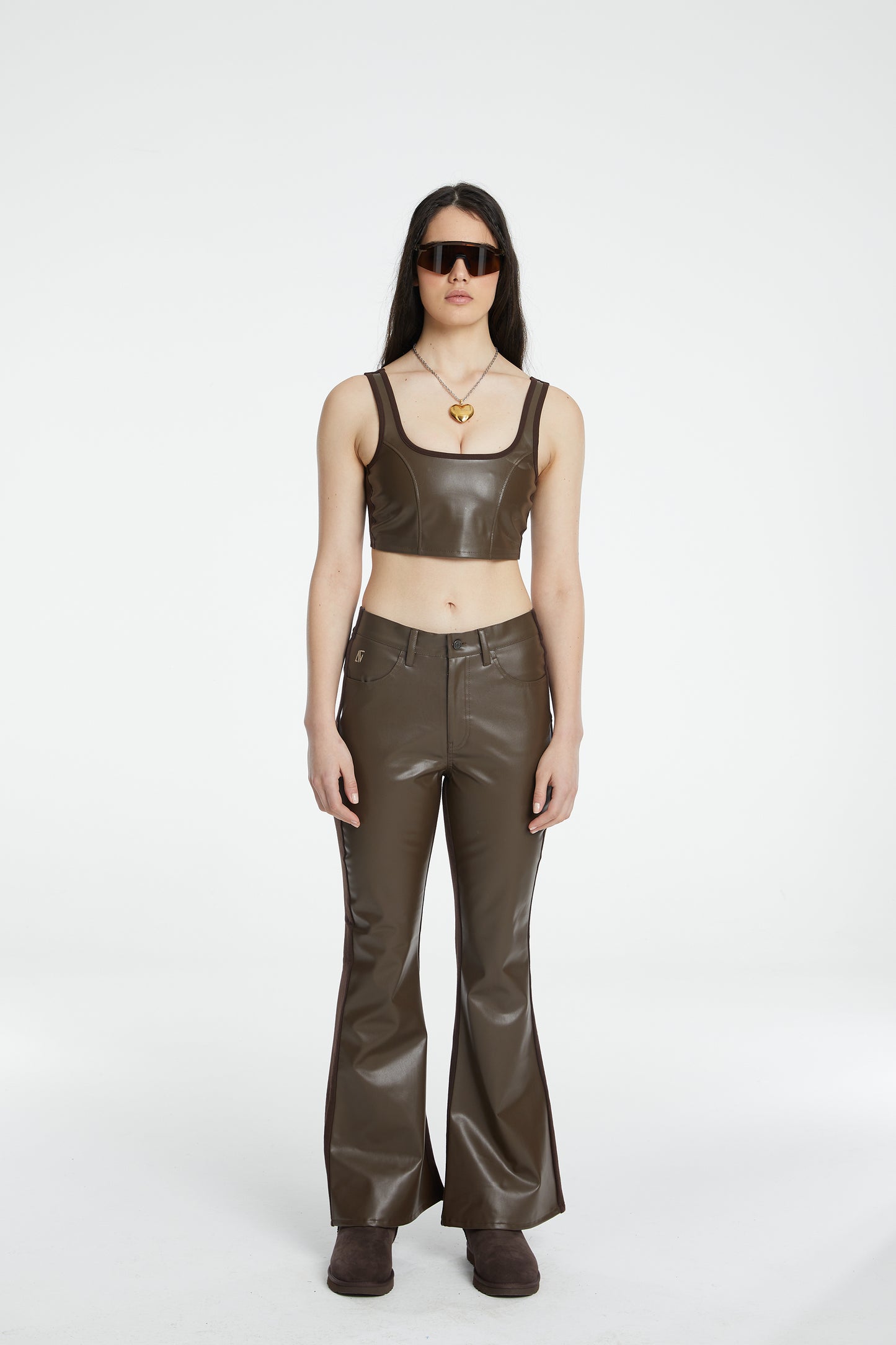 Vegan Leather Flare Sweatpant - Chocolate