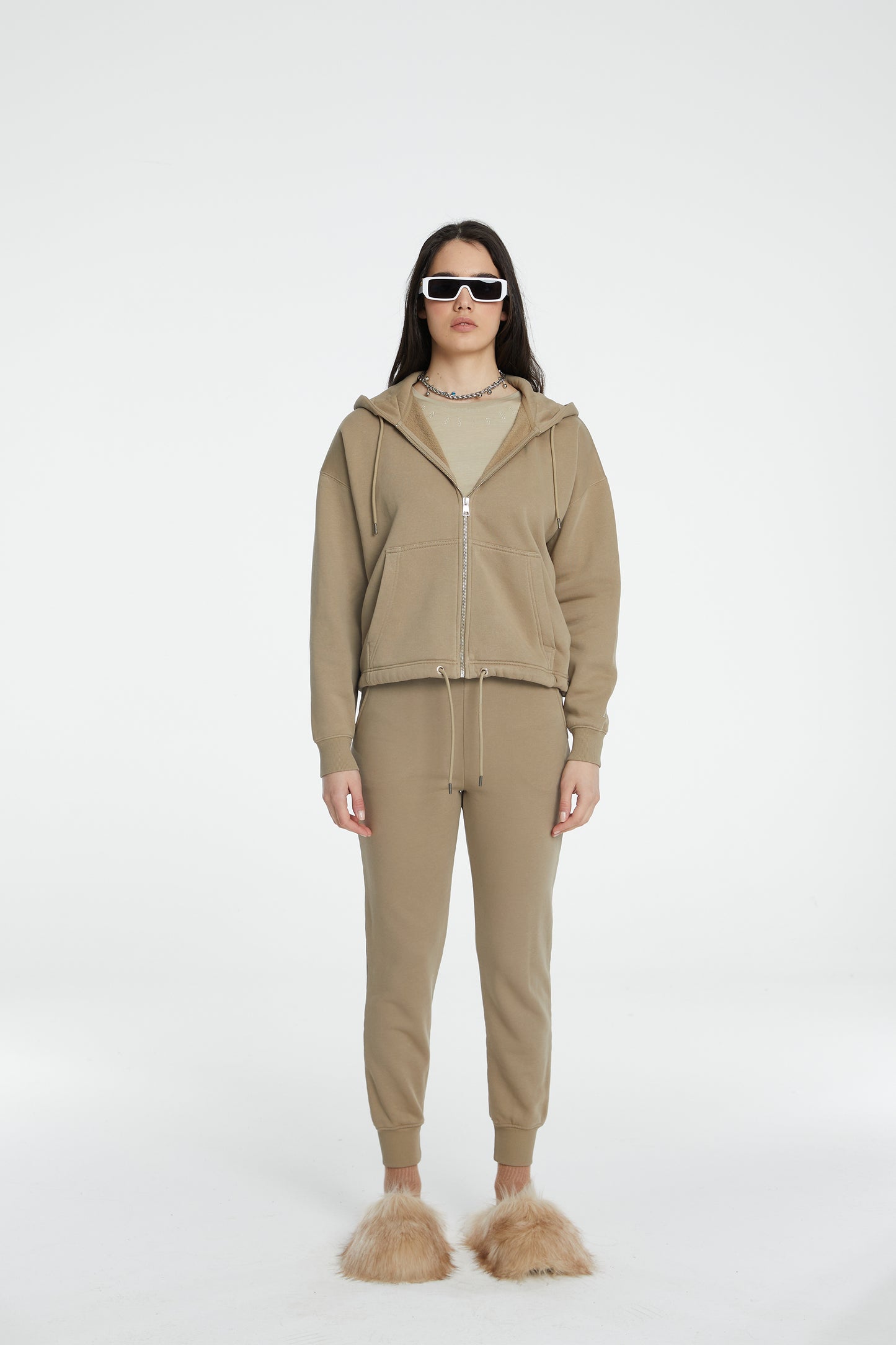 Cotton Zipper Sweatshirt - True Beige