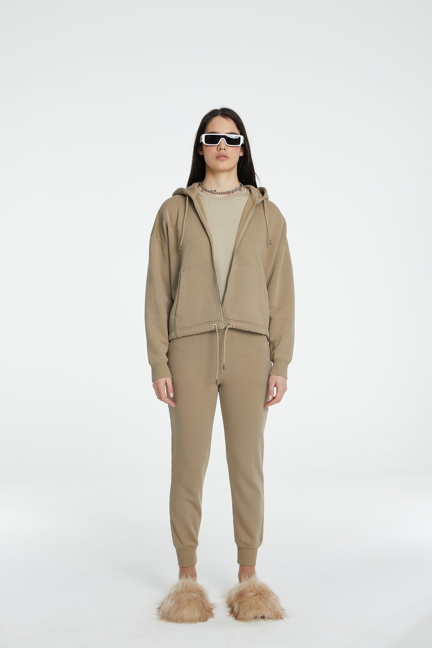 Cotton Zipper Sweatshirt - True Beige