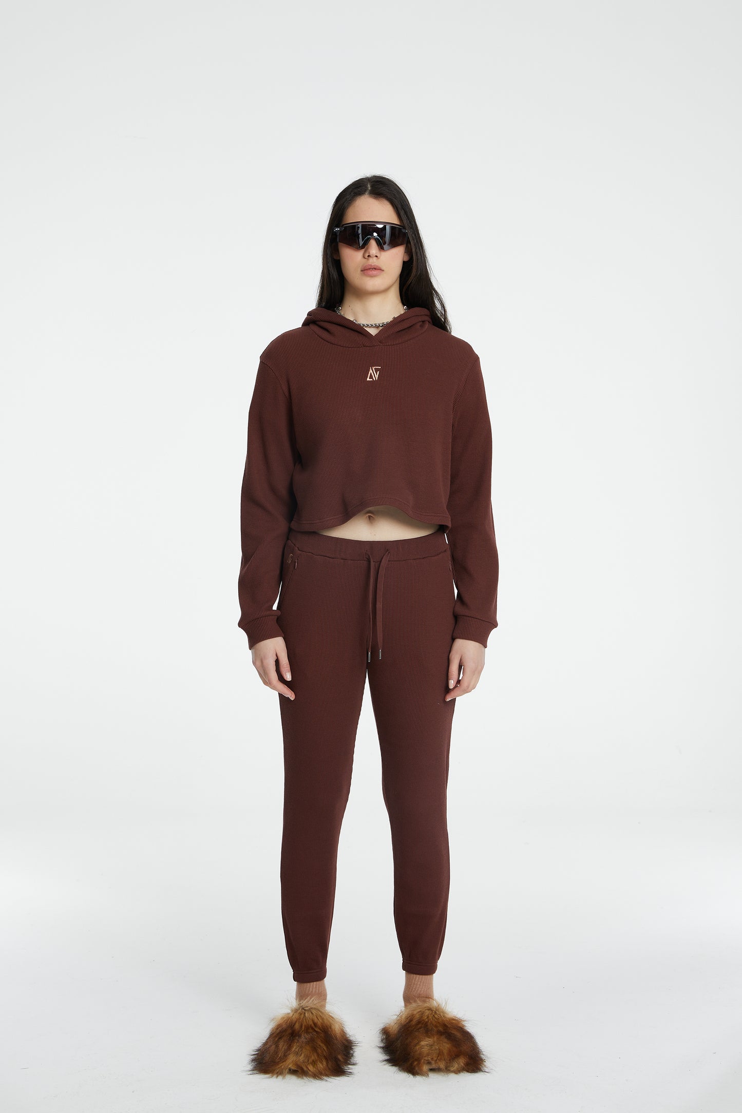 Waffle Crop Hoodie - Brown Stone