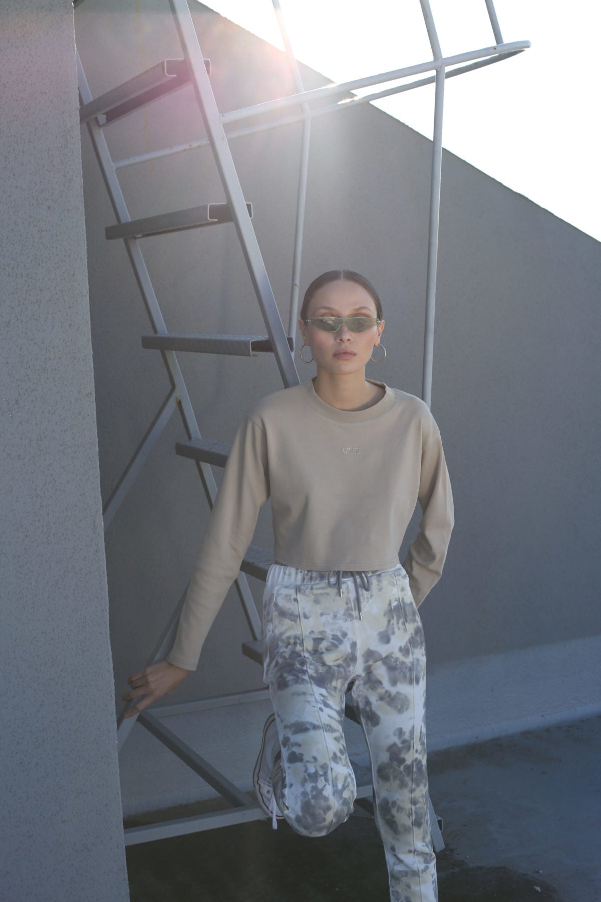 Cotton Crop Long Sleeve T-Shirt - Beige