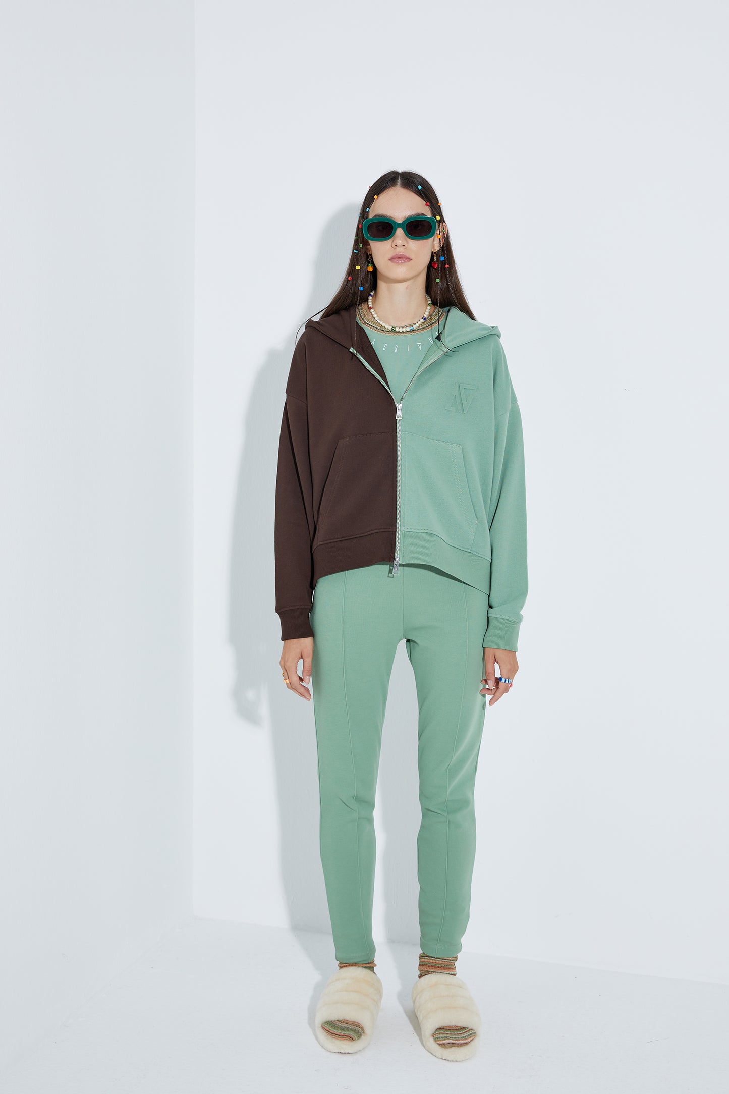 Kapüşonlu Sweatshirt - Yeşil/Kahverengi