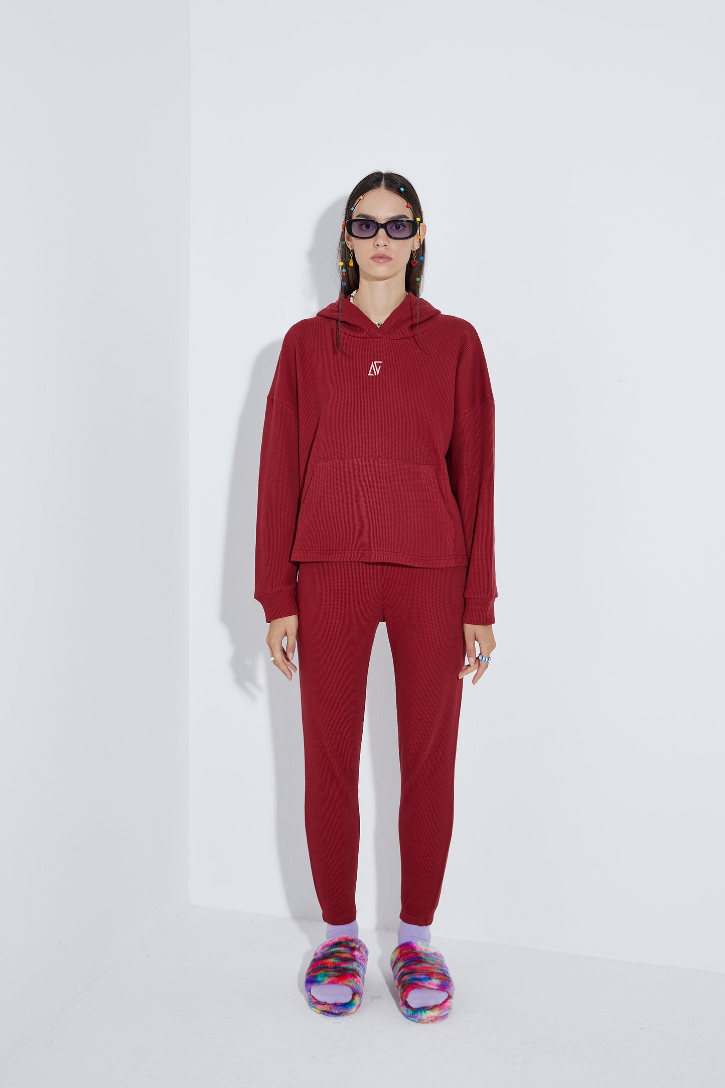 Waffle Oversize Sweatshirt - Kırmızı