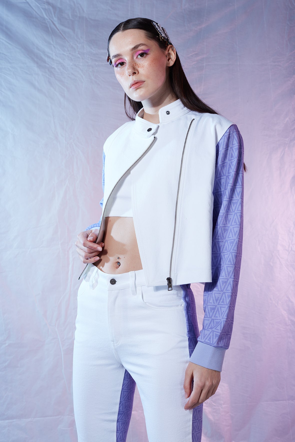 Denim Ceket - Beyaz/Mor