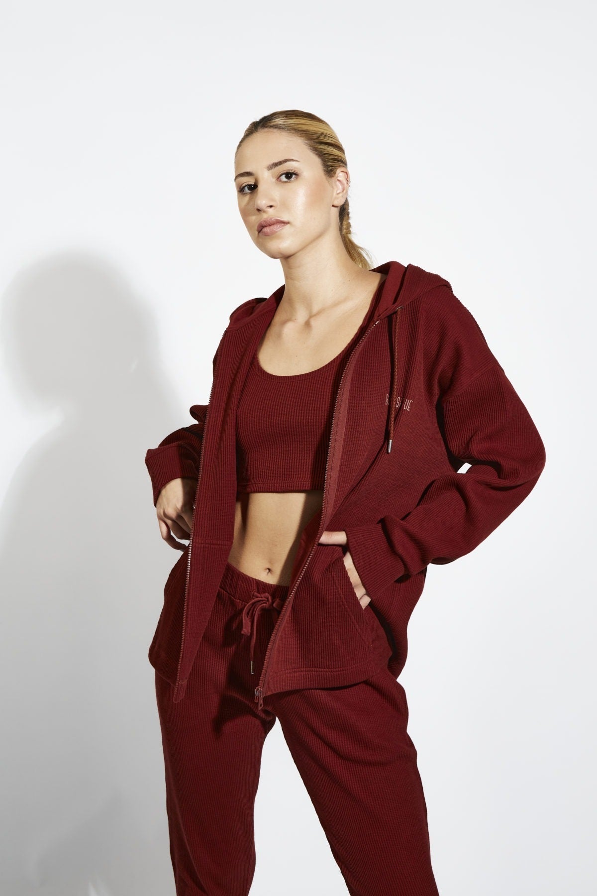 Waffle Zipper Sweatshirt - Fire Brick