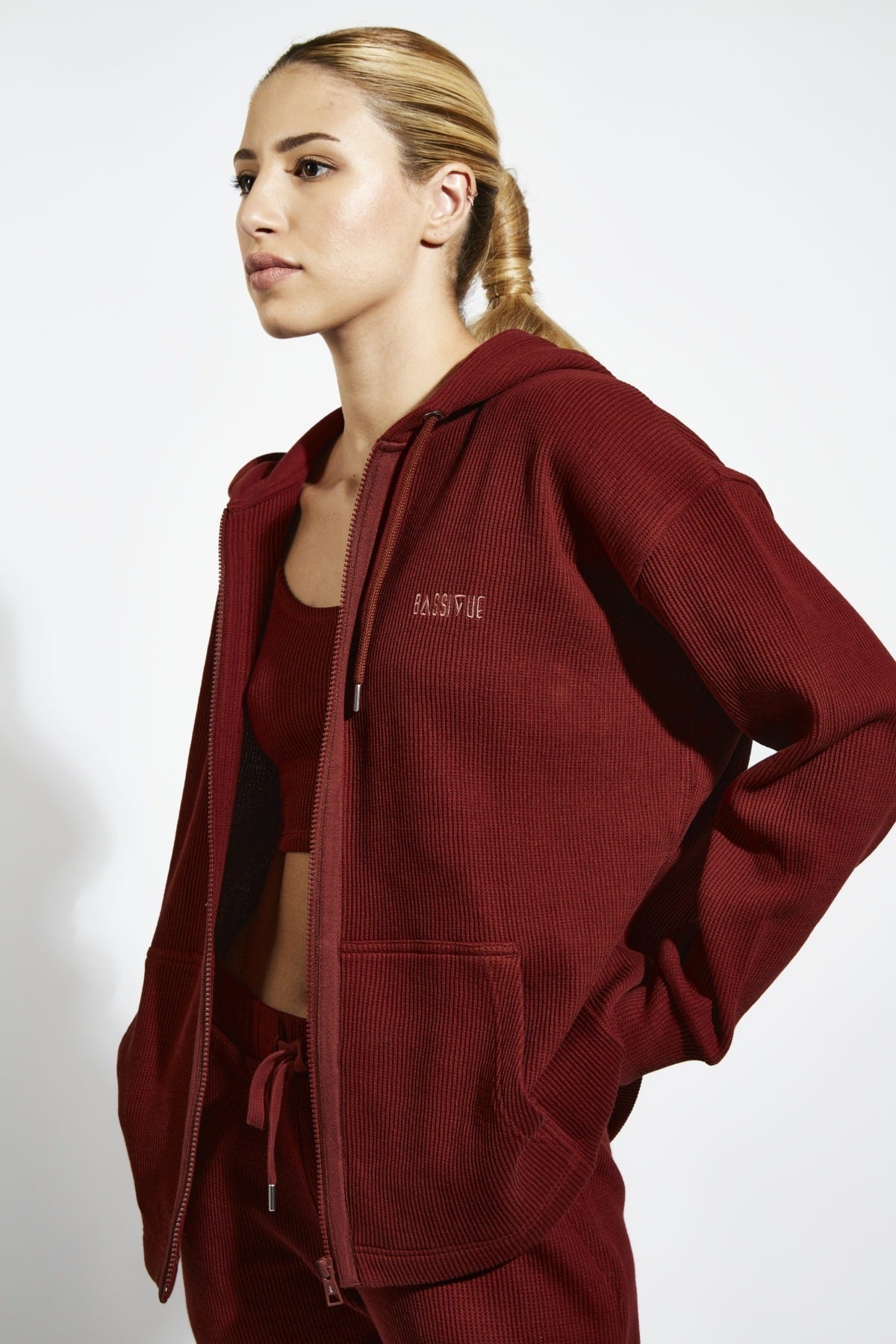Waffle Zipper Sweatshirt - Fire Brick