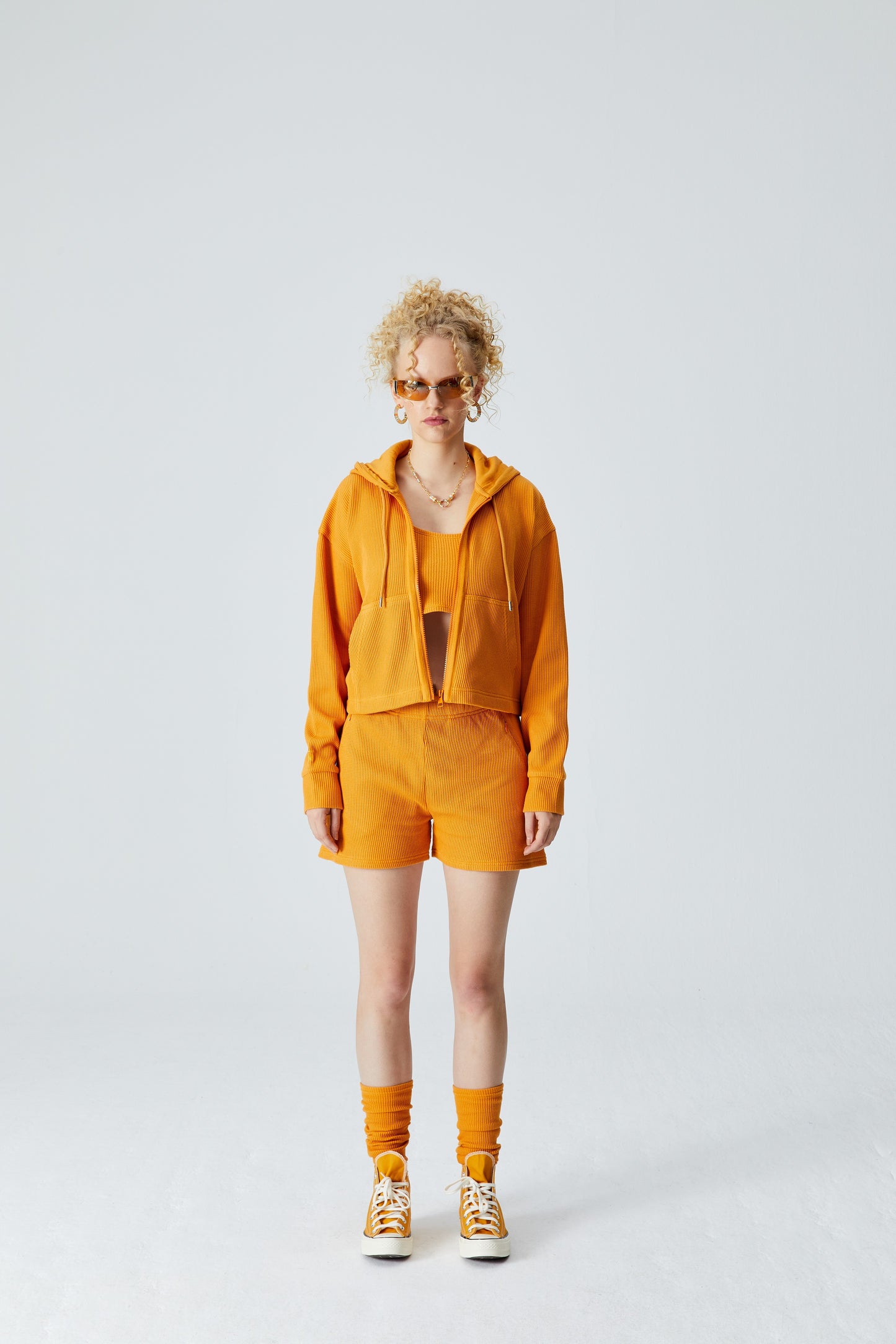 Waffle Fermuarlı Sweatshirt - Turuncu